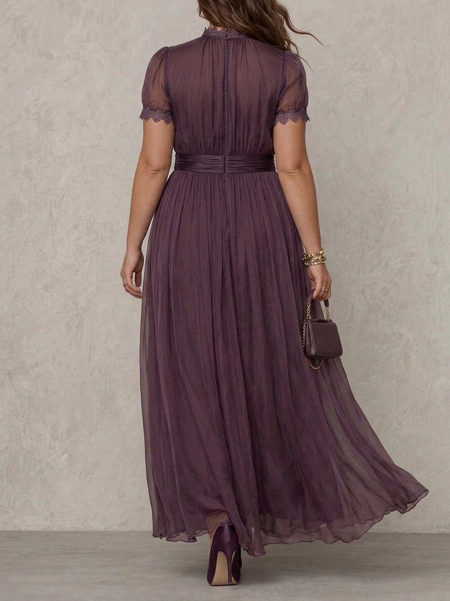 Chiffon Puff Sleeve Lace Trim Maxi Dress
