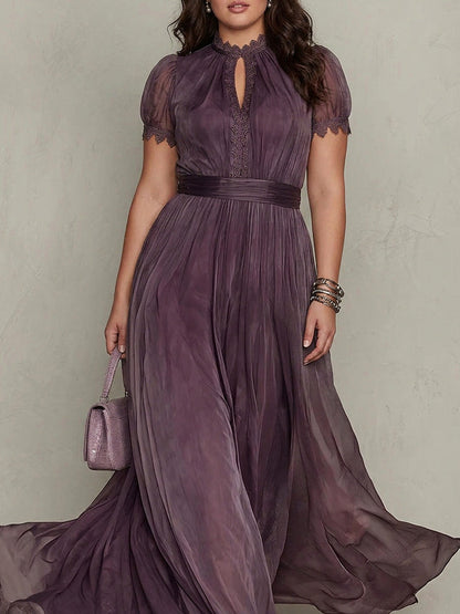 Chiffon Puff Sleeve Lace Trim Maxi Dress
