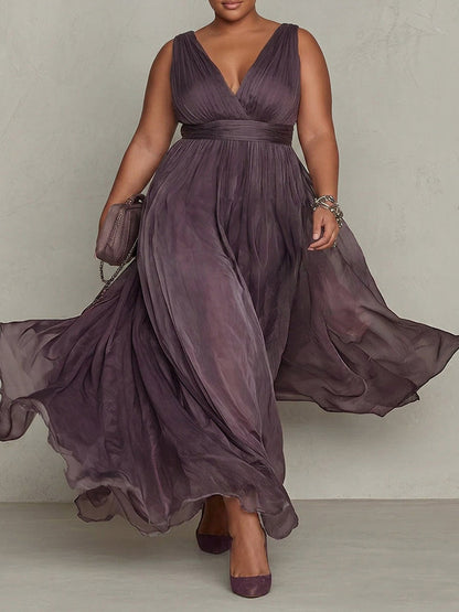Chiffon Puff Sleeve Lace Trim Maxi Dress