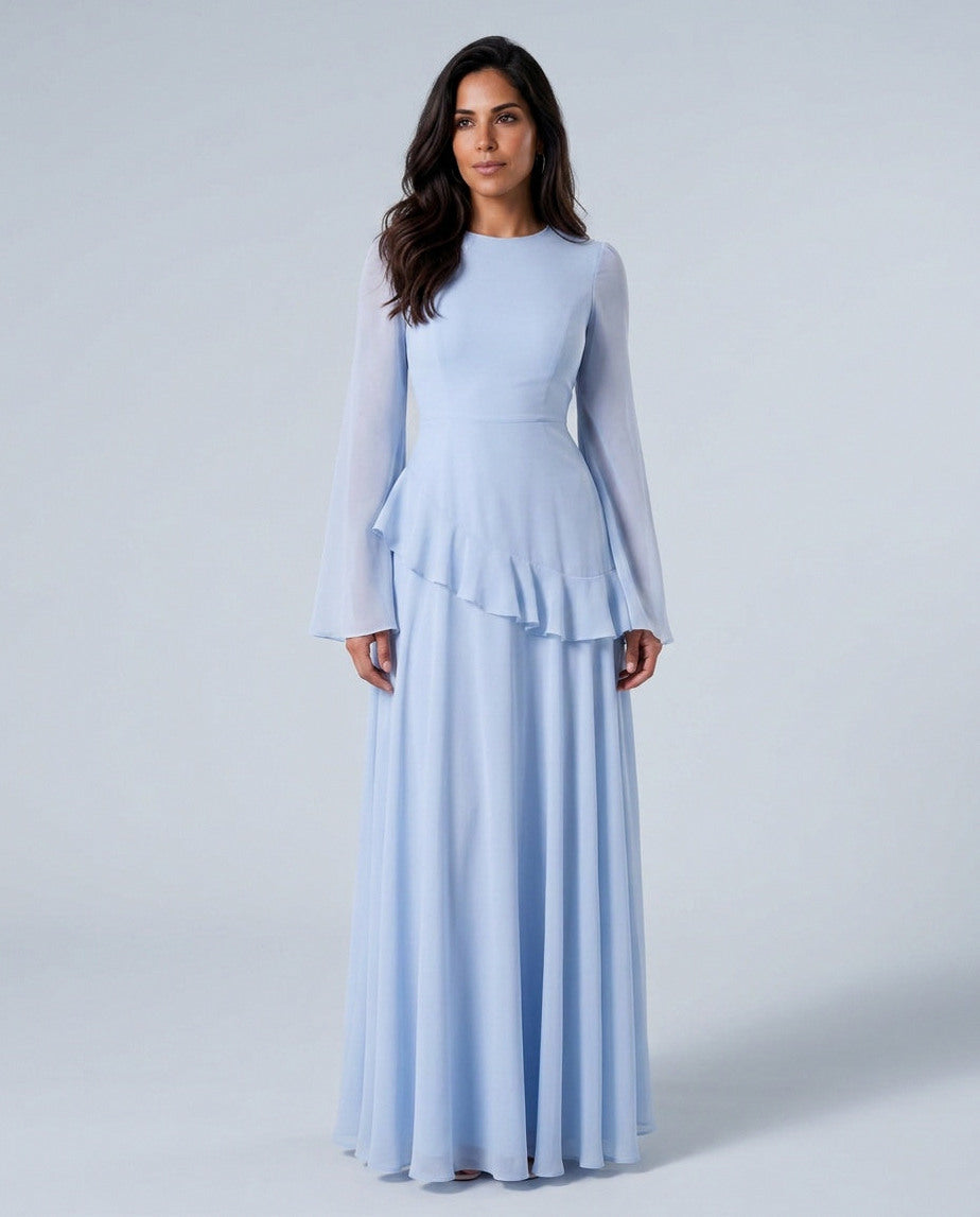 Chiffon Long Sleeve Ruffle Maxi Dress
