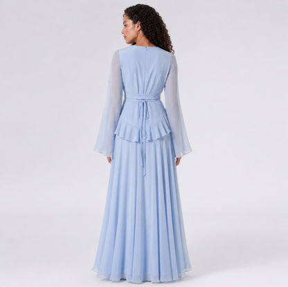 Chiffon Long Sleeve Ruffle Maxi Dress