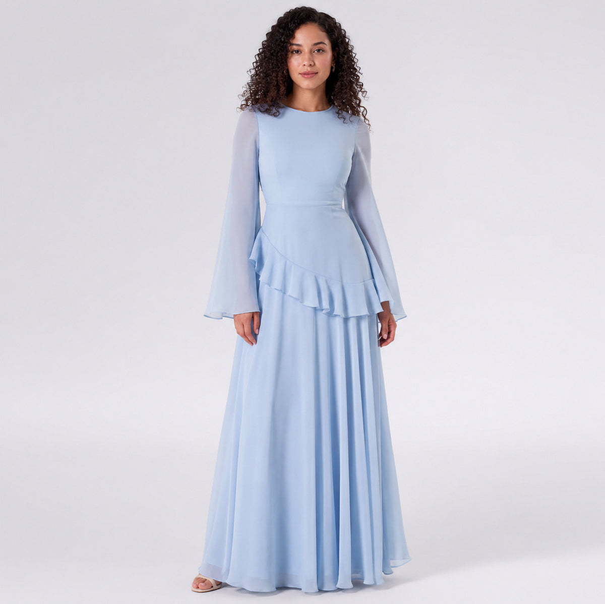 Chiffon Long Sleeve Ruffle Maxi Dress