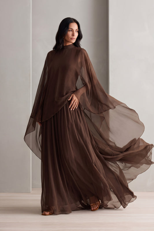 Chiffon Pleated Cape Maxi Dress