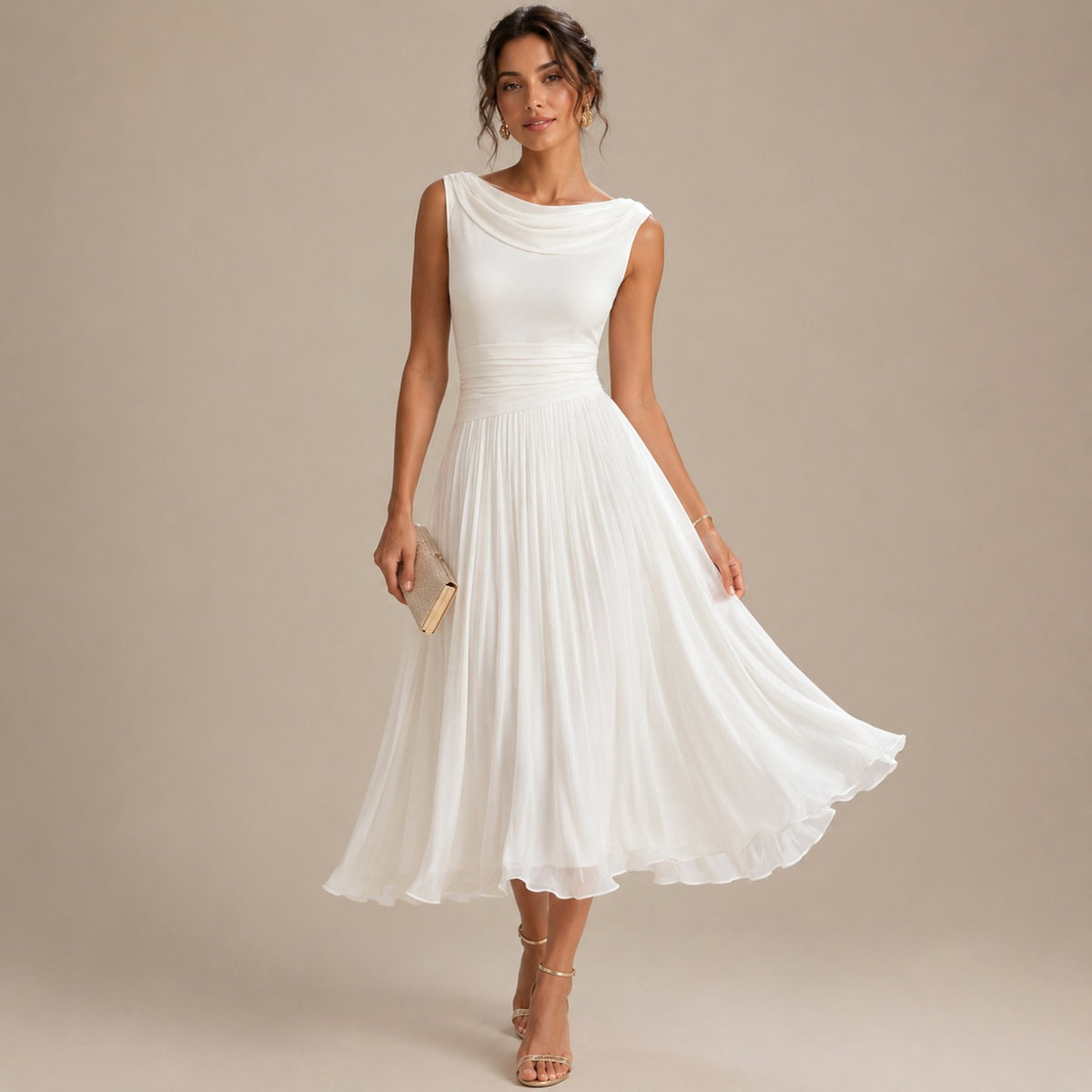 Chiffon Pleated Cowl Midi Dress