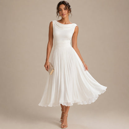 Chiffon Pleated Cowl Midi Dress