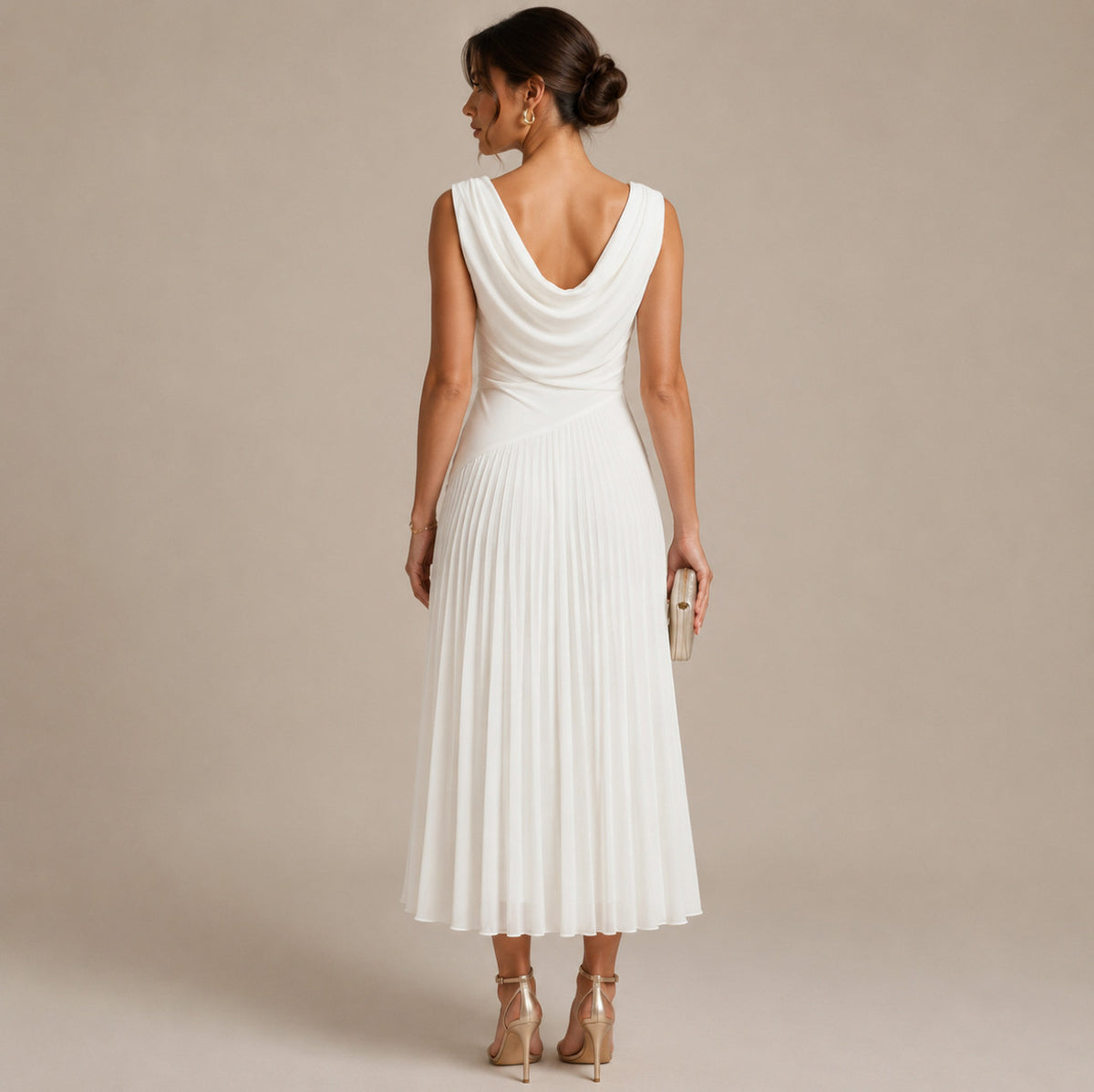 Chiffon Pleated Cowl Midi Dress