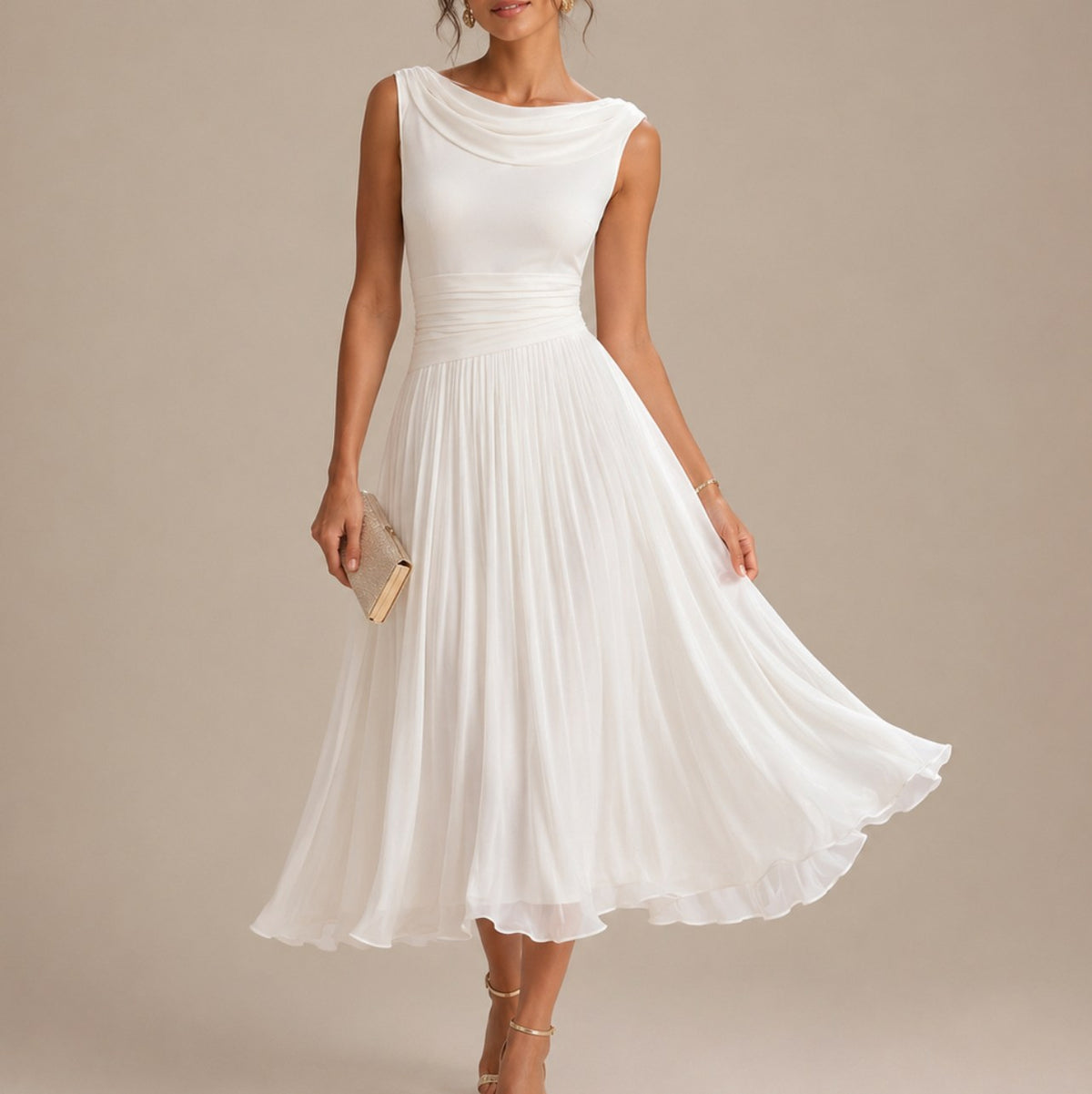 Chiffon Pleated Cowl Midi Dress