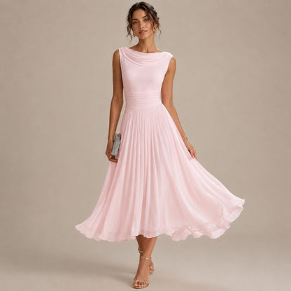 Chiffon Pleated Cowl Midi Dress
