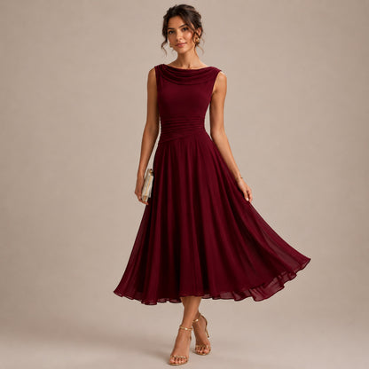 Chiffon Pleated Cowl Midi Dress