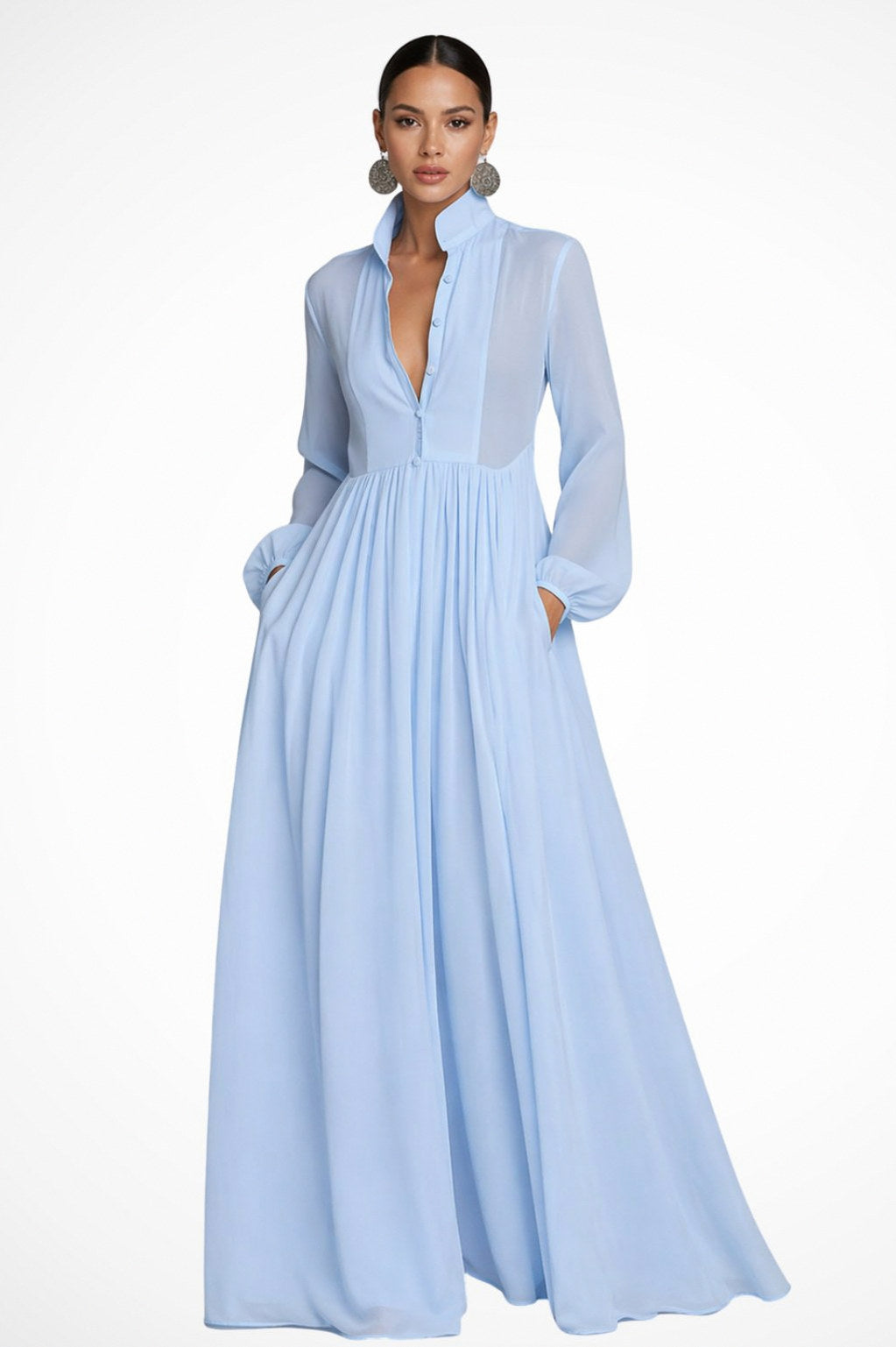Chiffon Pleated Long Sleeve Maxi Dress
