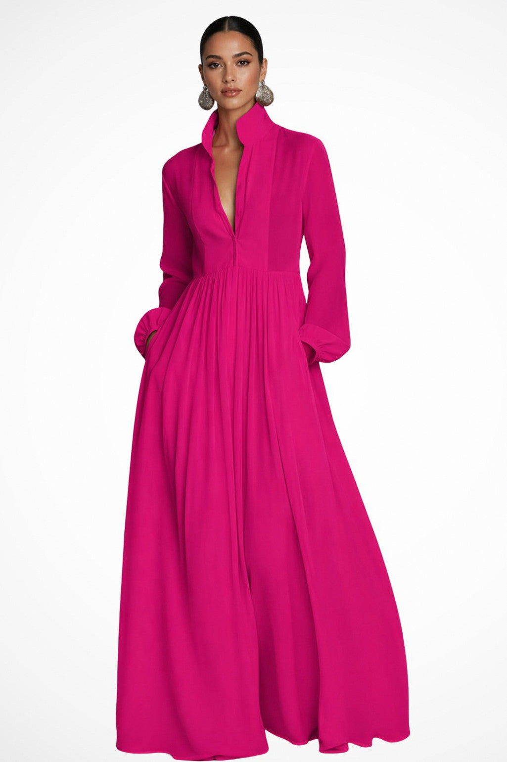 Chiffon Pleated Long Sleeve Maxi Dress