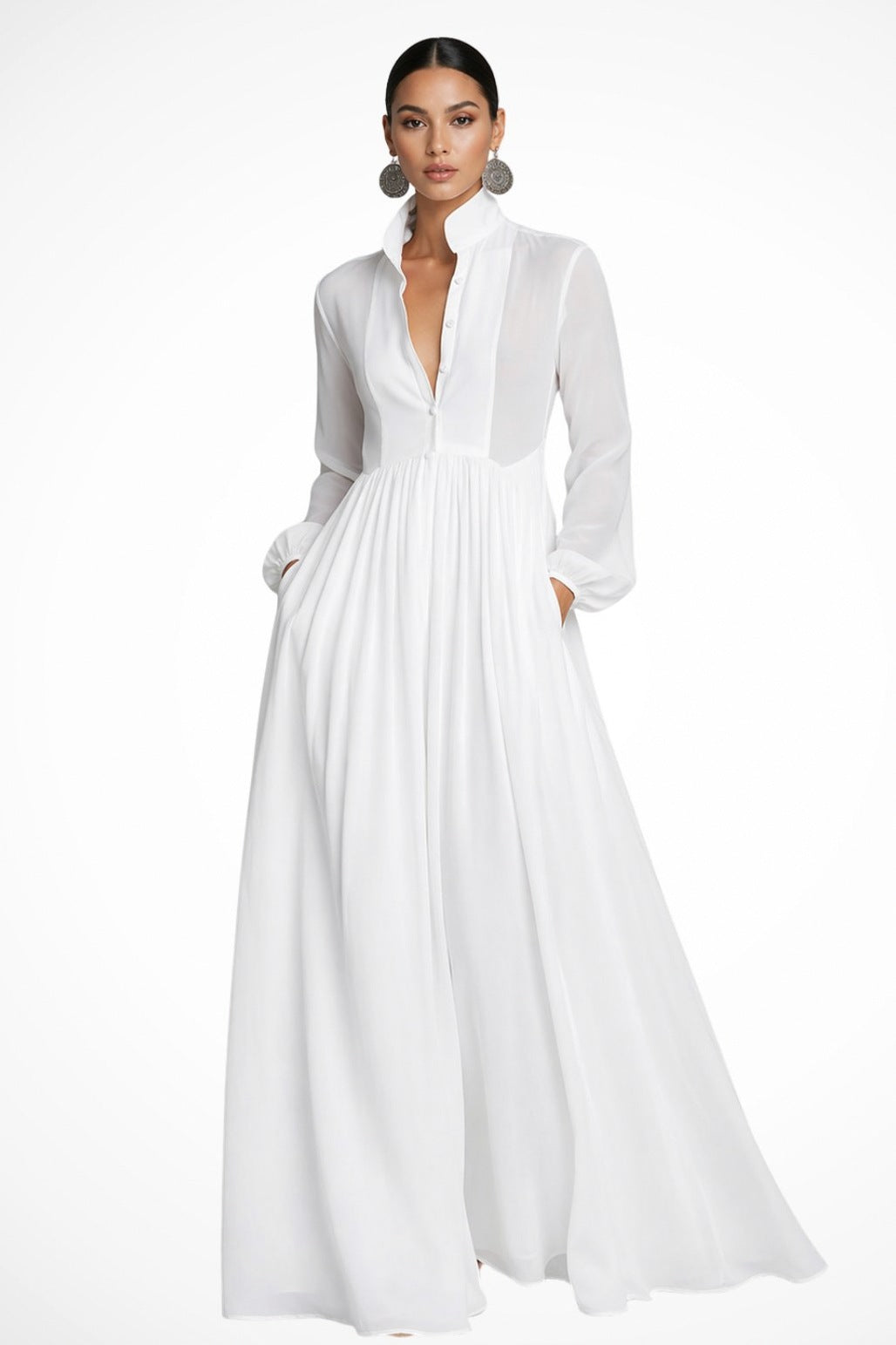 Chiffon Pleated Long Sleeve Maxi Dress