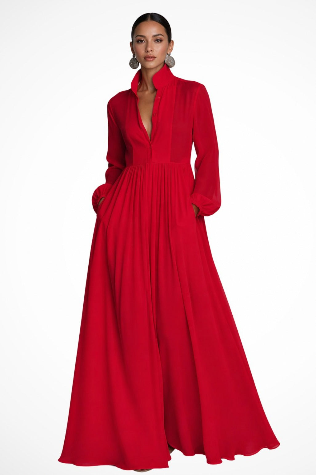Chiffon Pleated Long Sleeve Maxi Dress