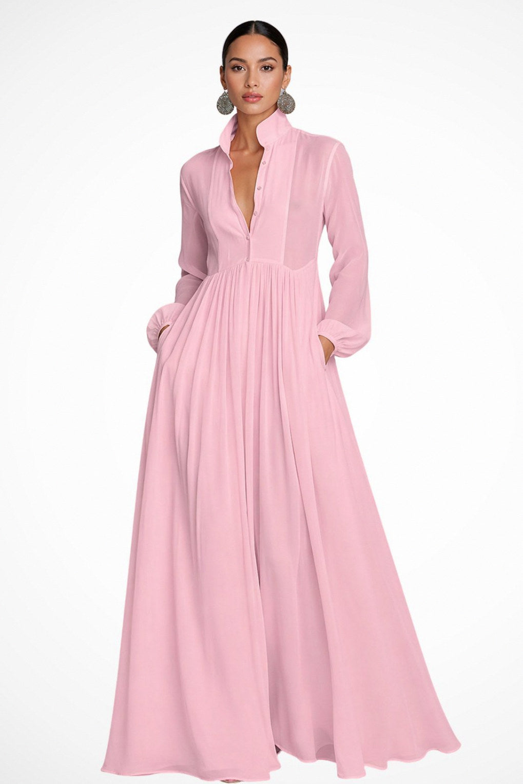 Chiffon Pleated Long Sleeve Maxi Dress