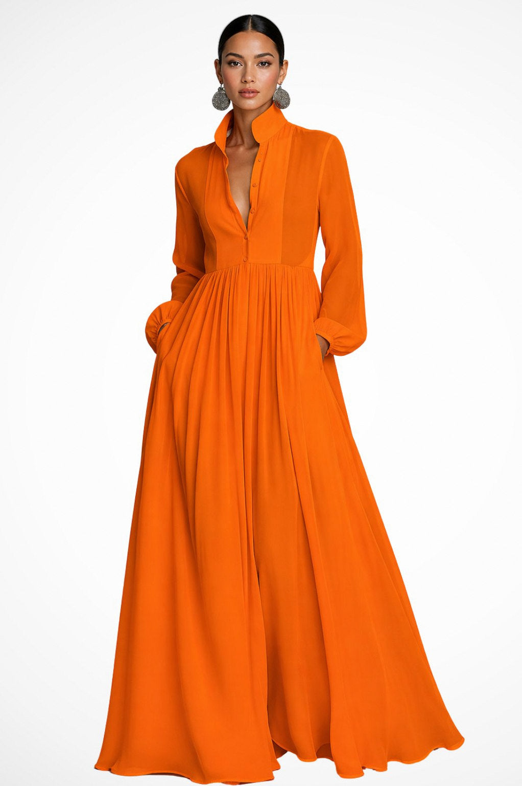 Chiffon Pleated Long Sleeve Maxi Dress