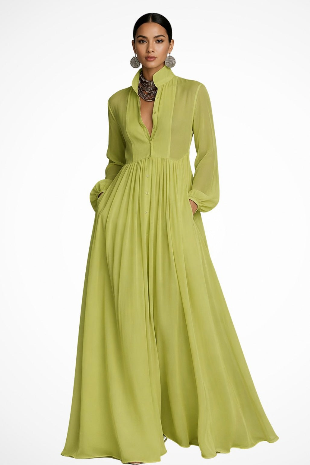 Chiffon Pleated Long Sleeve Maxi Dress