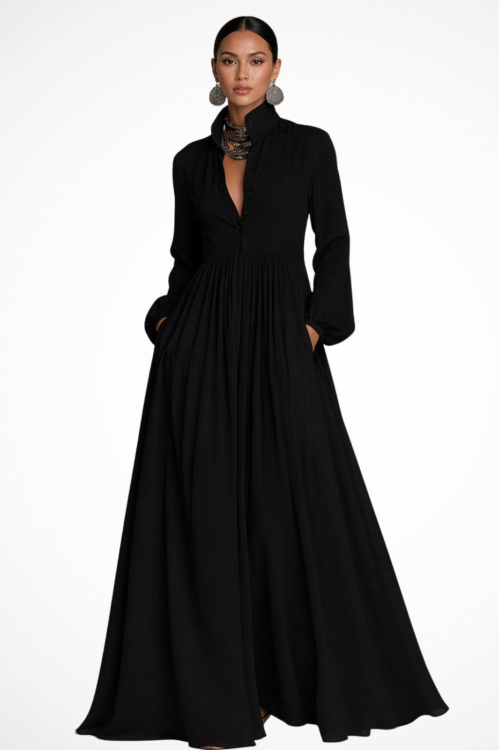 Chiffon Pleated Long Sleeve Maxi Dress