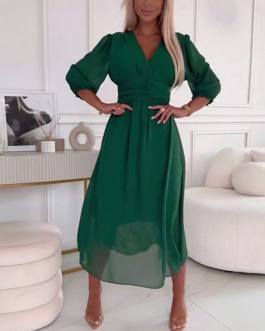 Chiffon 3/4 Puff Sleeve Midi Dress