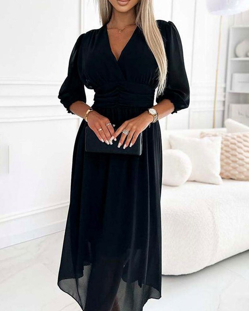 Chiffon 3/4 Puff Sleeve Midi Dress