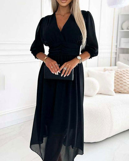 Chiffon 3/4 Puff Sleeve Midi Dress