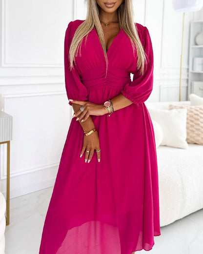Chiffon 3/4 Puff Sleeve Midi Dress
