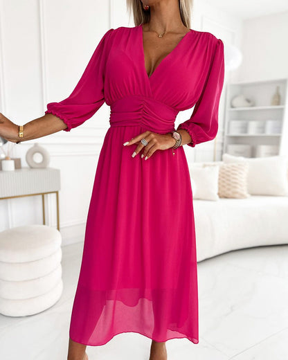 Chiffon 3/4 Puff Sleeve Midi Dress