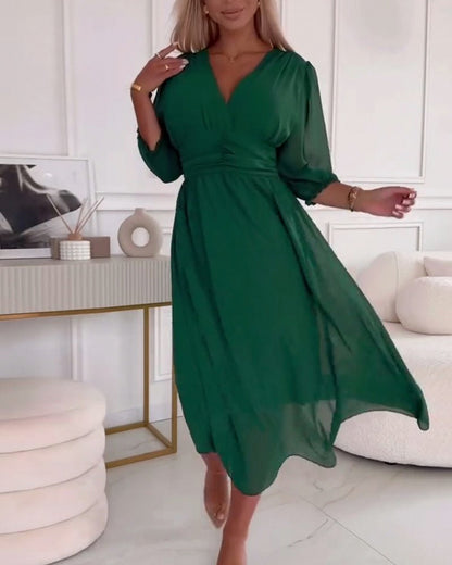 Chiffon 3/4 Puff Sleeve Midi Dress