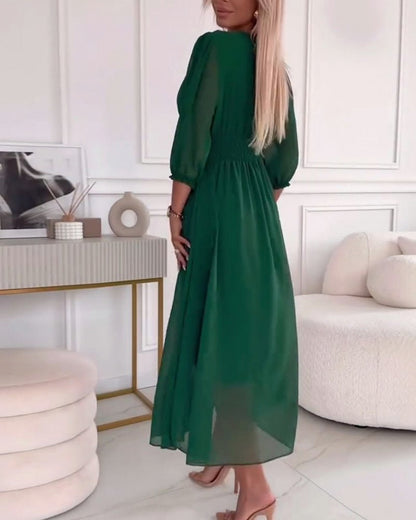 Chiffon 3/4 Puff Sleeve Midi Dress
