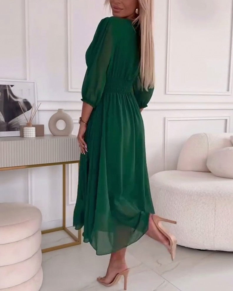 Chiffon 3/4 Puff Sleeve Midi Dress