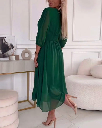 Chiffon 3/4 Puff Sleeve Midi Dress