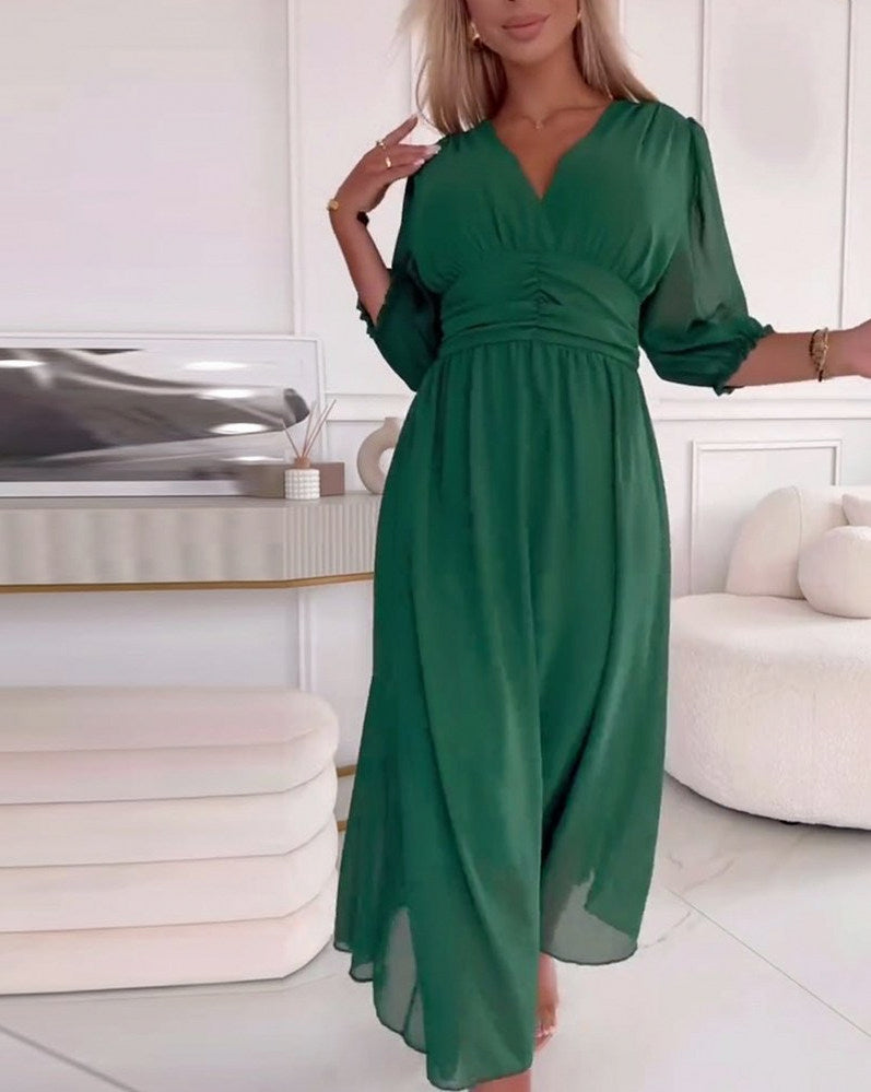 Chiffon 3/4 Puff Sleeve Midi Dress