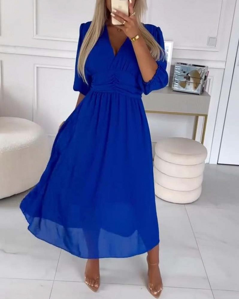 Chiffon 3/4 Puff Sleeve Midi Dress