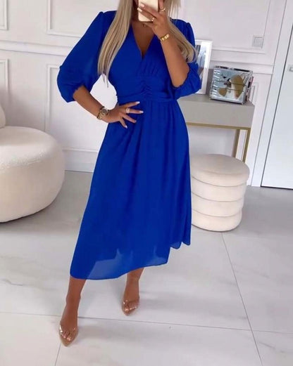 Chiffon 3/4 Puff Sleeve Midi Dress
