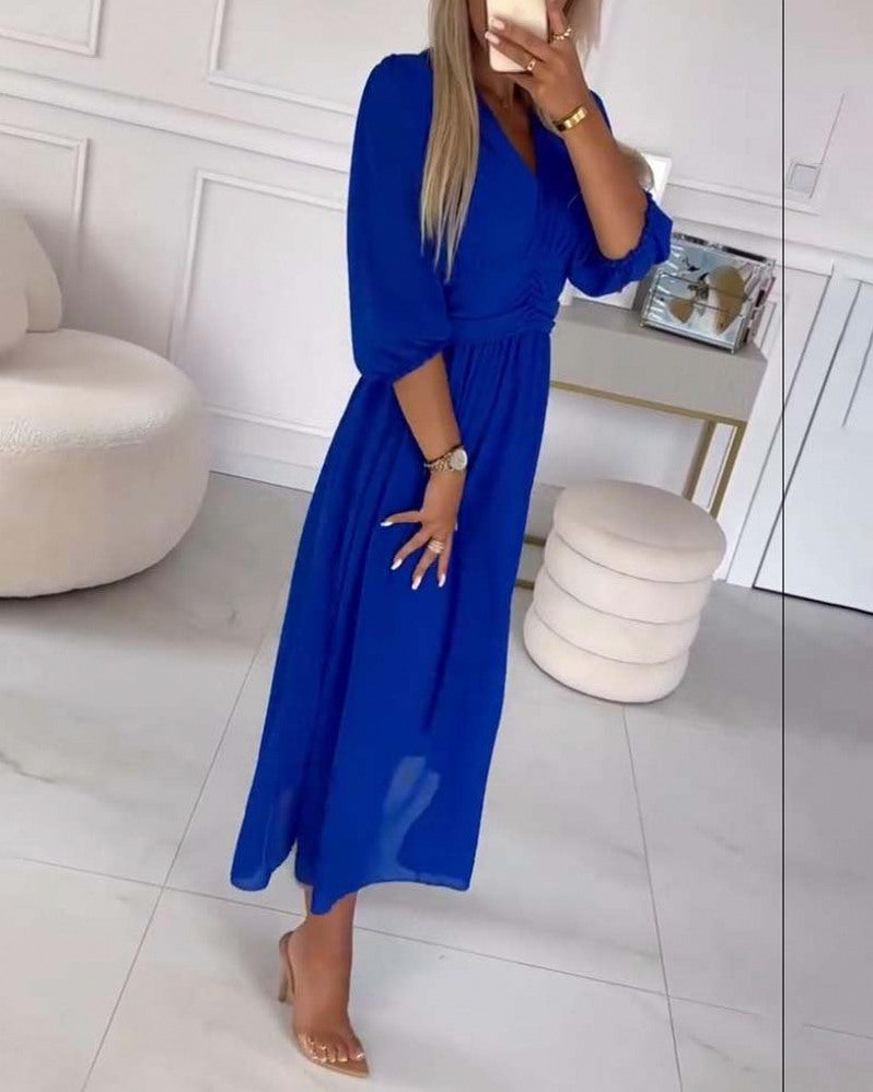 Chiffon 3/4 Puff Sleeve Midi Dress