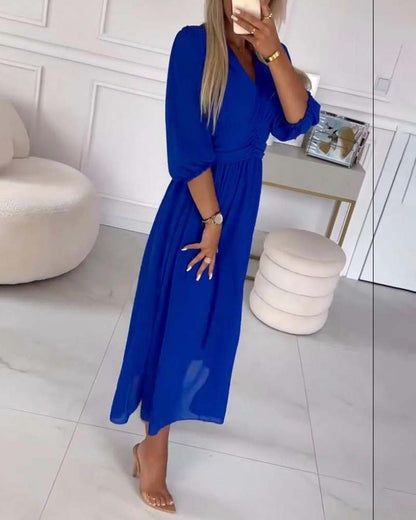 Chiffon 3/4 Puff Sleeve Midi Dress