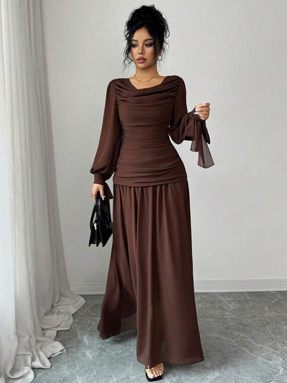 Chiffon Long Sleeve Ruched Drop Waist Maxi Dress