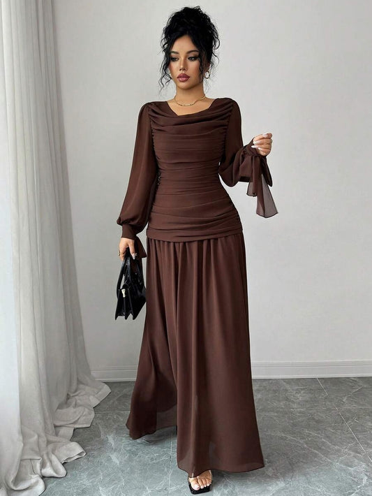 Chiffon Long Sleeve Ruched Drop Waist Maxi Dress