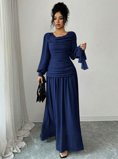Chiffon Long Sleeve Ruched Drop Waist Maxi Dress