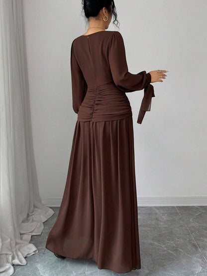 Chiffon Long Sleeve Ruched Drop Waist Maxi Dress