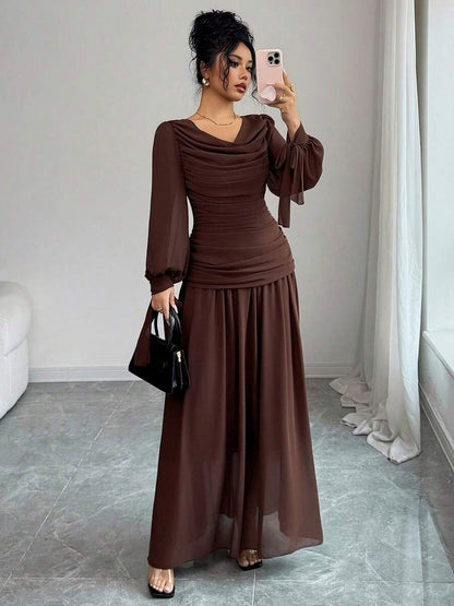Chiffon Long Sleeve Ruched Drop Waist Maxi Dress