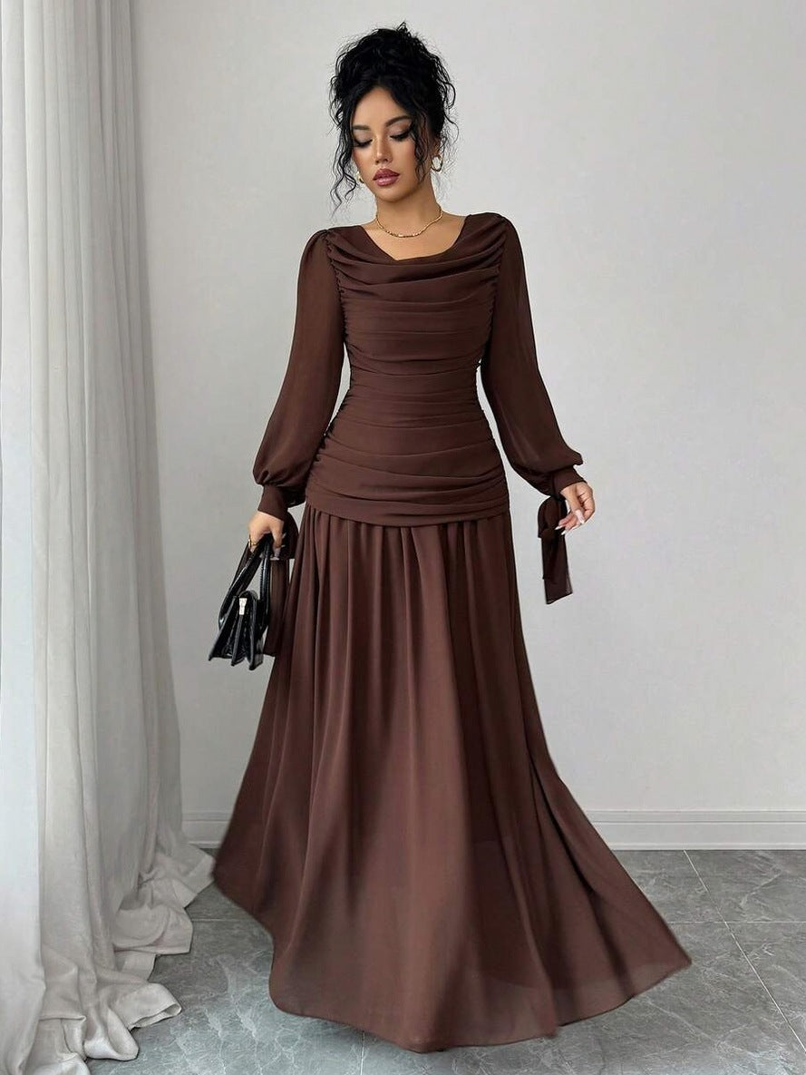 Chiffon Long Sleeve Ruched Drop Waist Maxi Dress