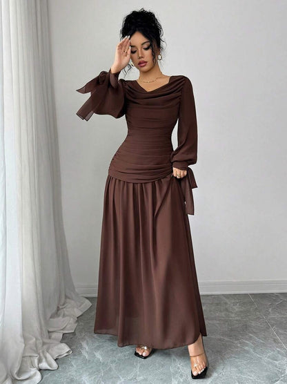 Chiffon Long Sleeve Ruched Drop Waist Maxi Dress