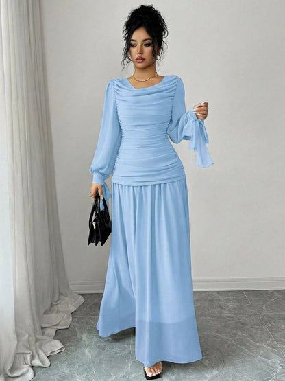 Chiffon Long Sleeve Ruched Drop Waist Maxi Dress