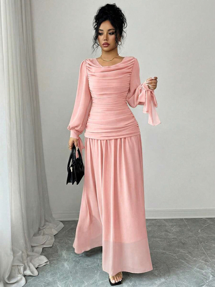 Chiffon Long Sleeve Ruched Drop Waist Maxi Dress