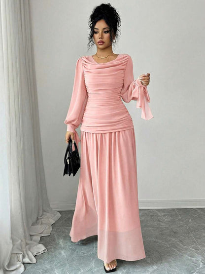 Chiffon Long Sleeve Ruched Drop Waist Maxi Dress
