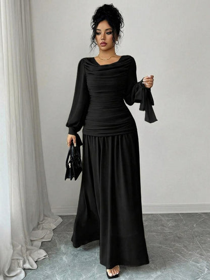 Chiffon Long Sleeve Ruched Drop Waist Maxi Dress