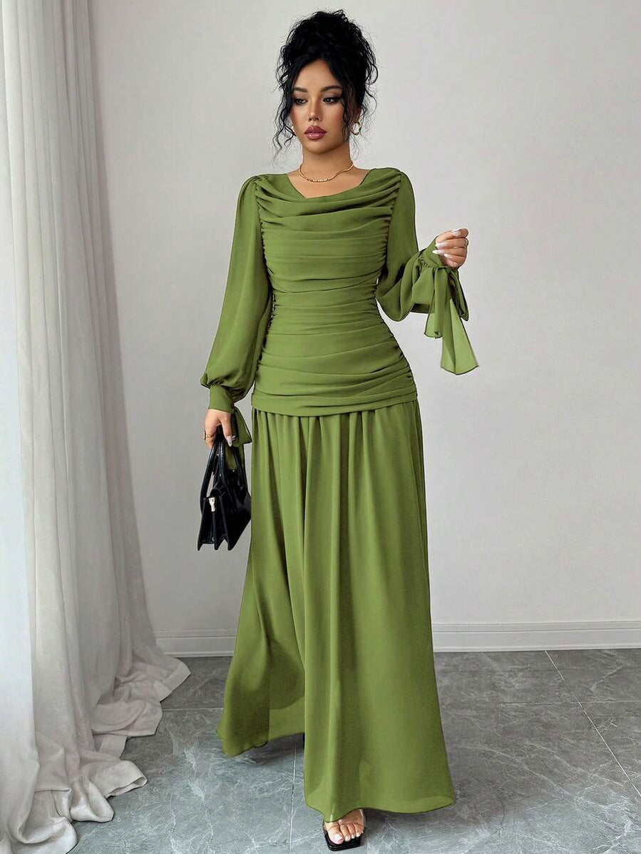 Chiffon Long Sleeve Ruched Drop Waist Maxi Dress