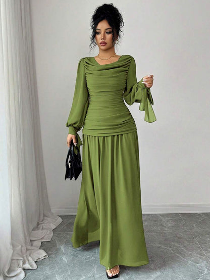 Chiffon Long Sleeve Ruched Drop Waist Maxi Dress