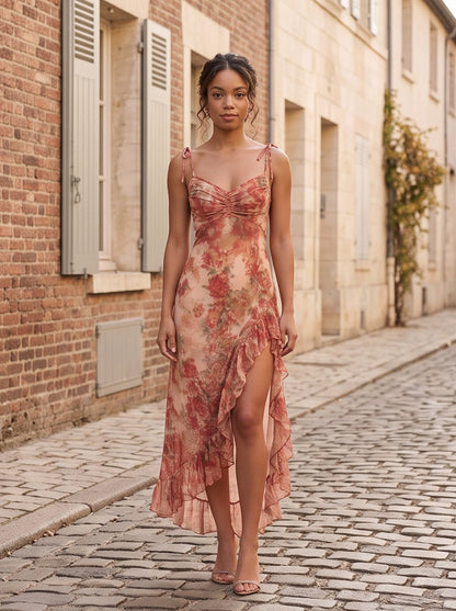 Chiffon Ruched Ruffle Maxi Dress