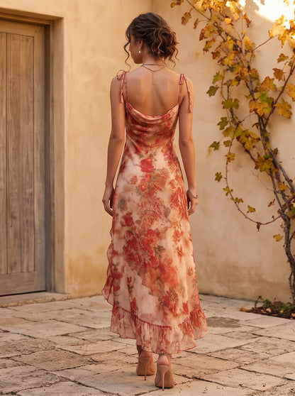 Chiffon Ruched Ruffle Maxi Dress